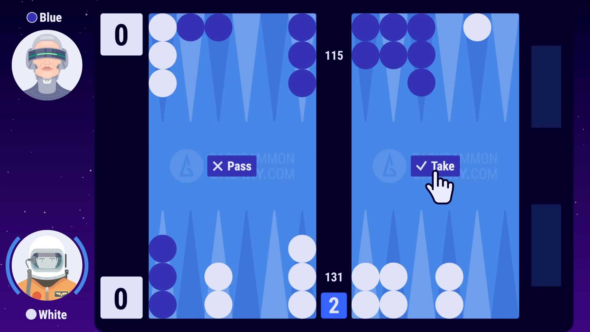 White takes thereby becoming the owner of the cube. The game continues and both players now play on for the new higher stakes and blue makes her roll.