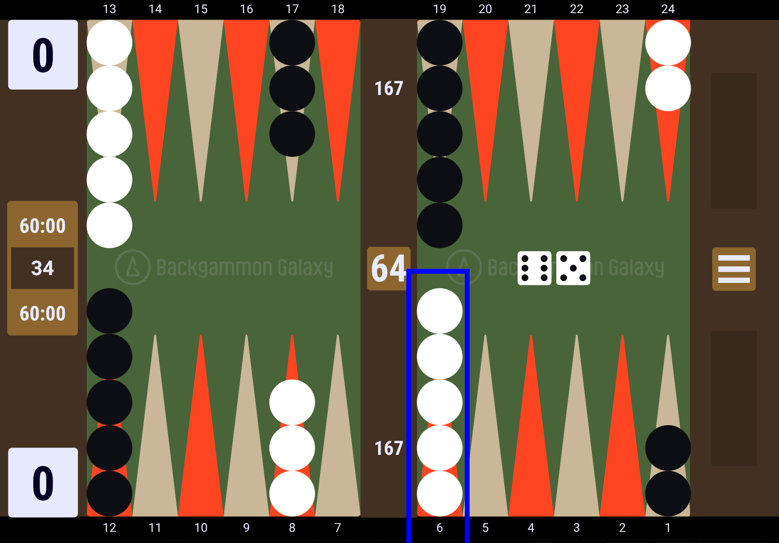 Backgammon Starting Position with 5 checkers on the 6-point