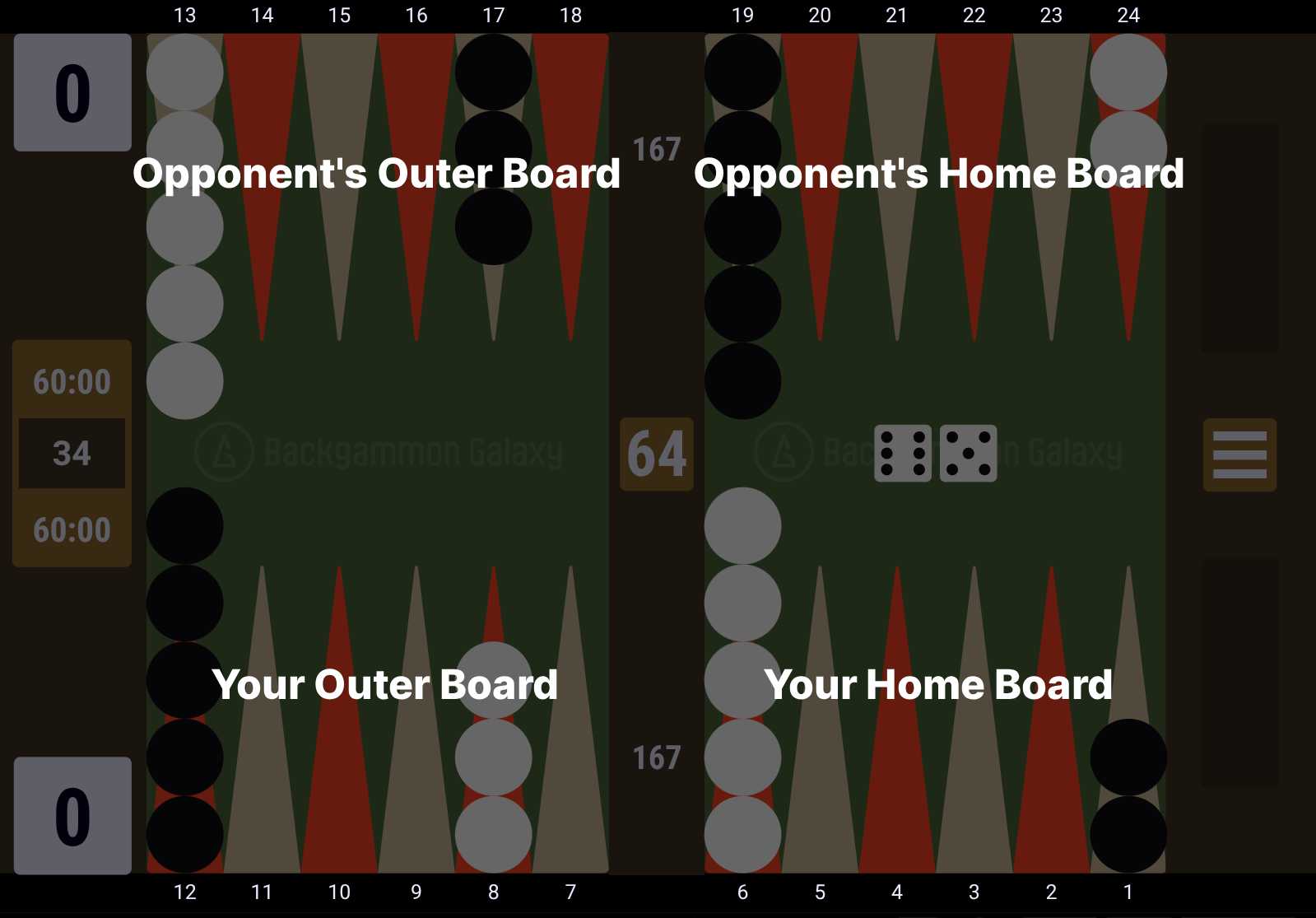 Digital backgammon game board with positions, checkers, dice showing five and two, and a timer showing 60 minutes for each player. Labels indicate the opponent's and player's outer and home boards.