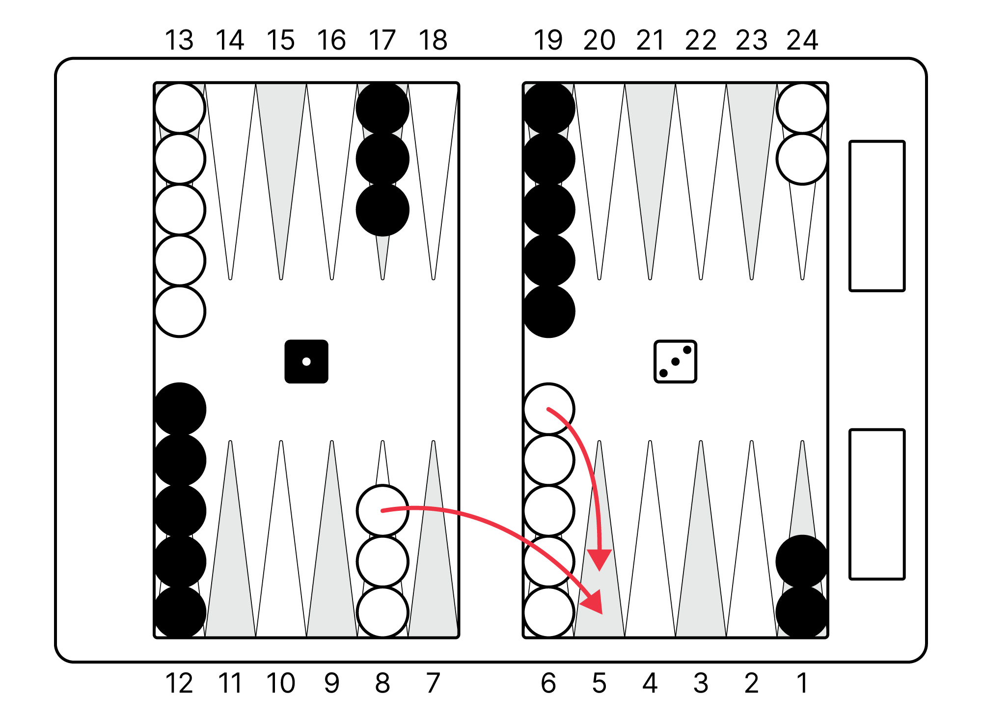 Backgammon opening roll showing dice and starting checker positions for each player